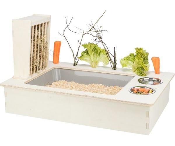 Trixie voederstation met voerbak / waterbak / hooiruif hout naturel
